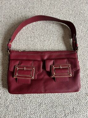 Liz Claiborne Burgundy Leather Shoulder Bag with Gold Buckles